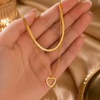 Gold-Plated Layered Herringbone Chain and Open Heart Pendant Necklace