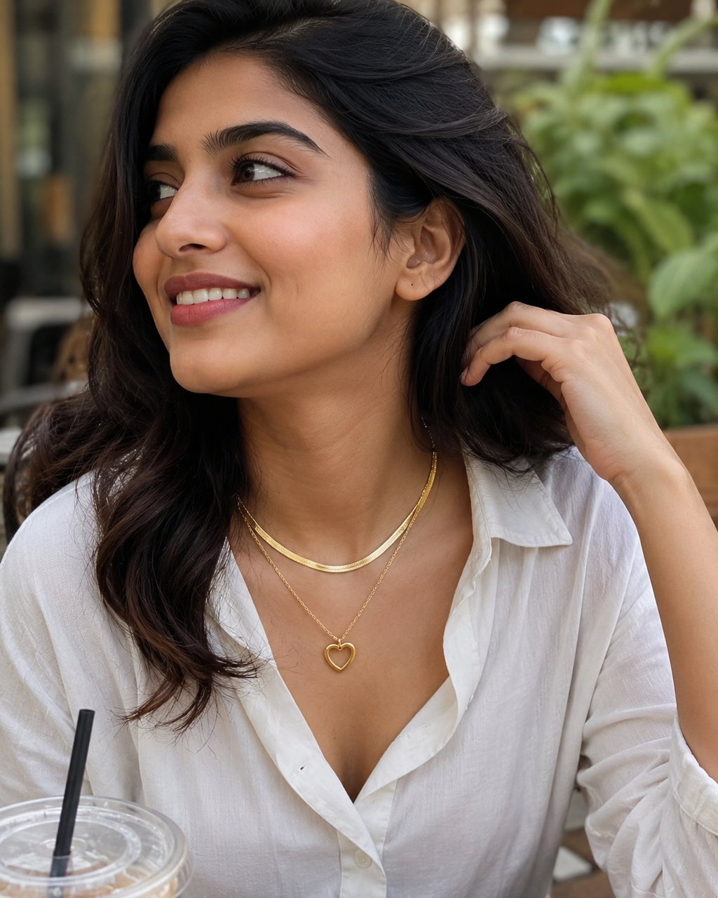 Gold-Plated Layered Herringbone Chain and Open Heart Pendant Necklace
