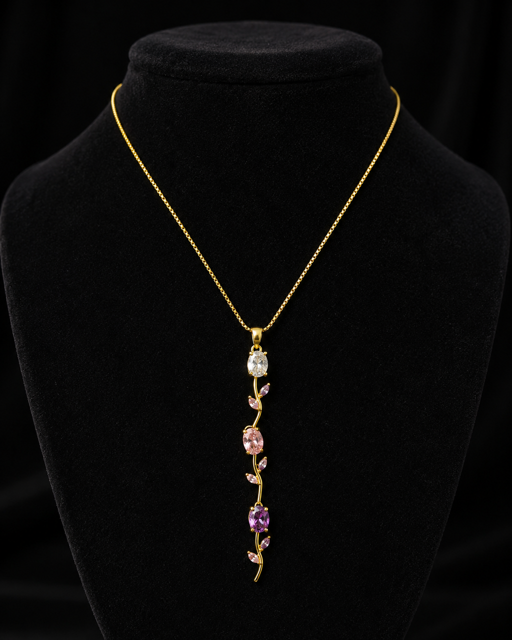 Gold-Plated Multicolour Crystal Floral Vine Long Pendant Necklace
