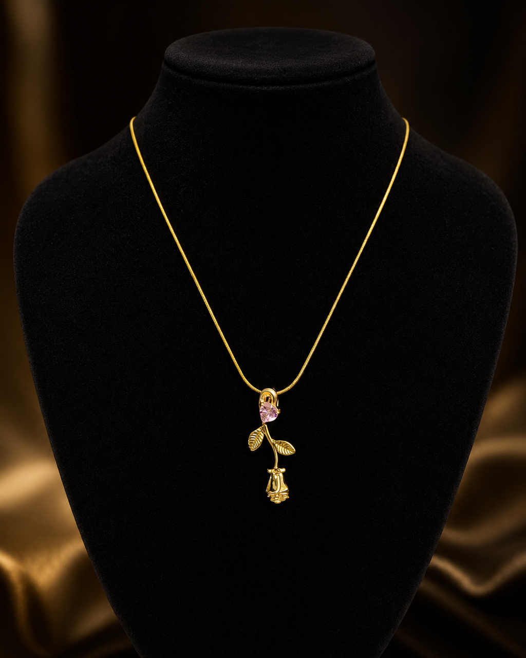 Gold-Plated Pink Crystal Rose Drop Pendant Necklace