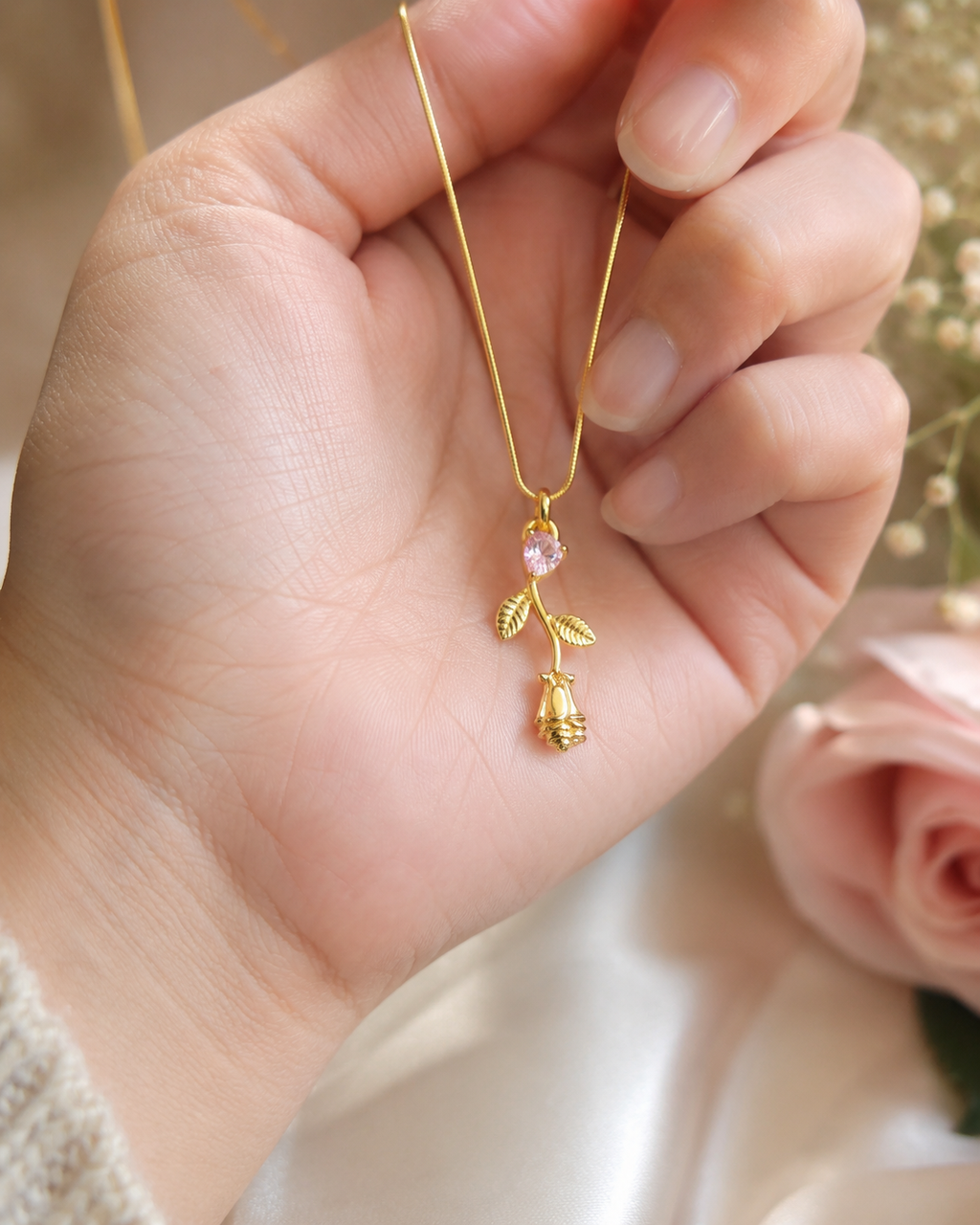 Gold-Plated Pink Crystal Rose Drop Pendant Necklace