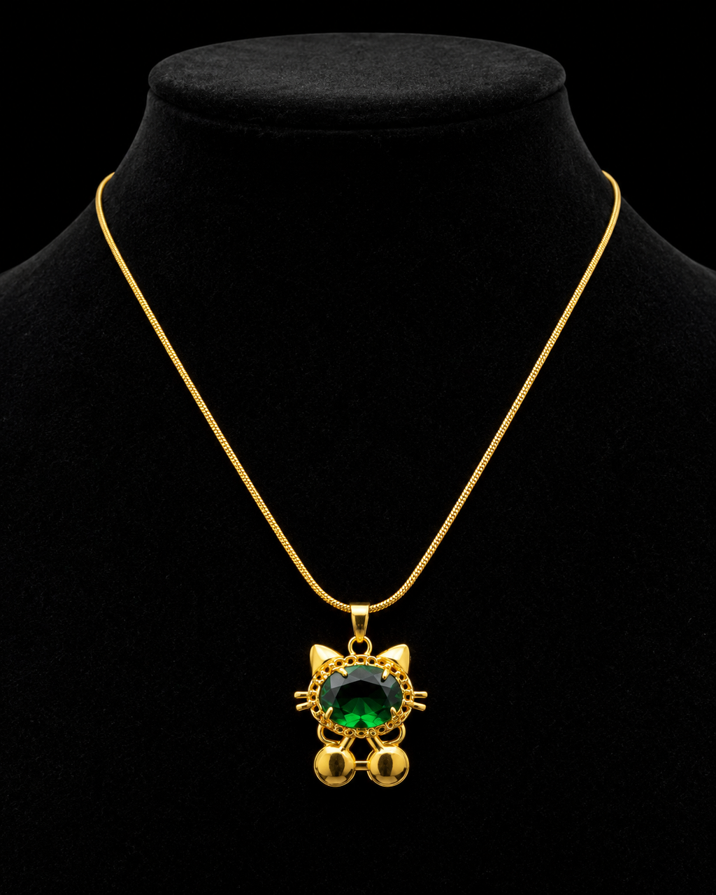 Gold-Plated Green Crystal Cat Pendant Necklace with Dangling Beads