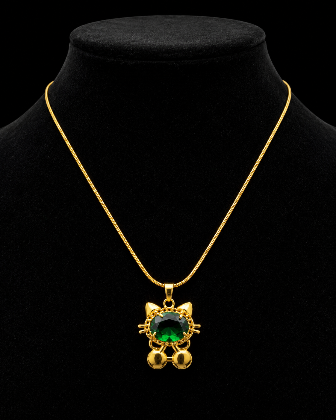 Gold-Plated Green Crystal Cat Pendant Necklace with Dangling Beads