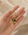 Gold-Plated Green Crystal Cat Pendant Necklace with Dangling Beads