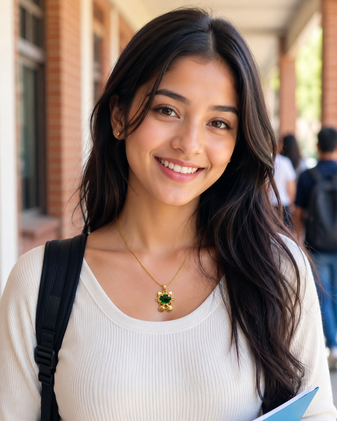 Gold-Plated Green Crystal Cat Pendant Necklace with Dangling Beads