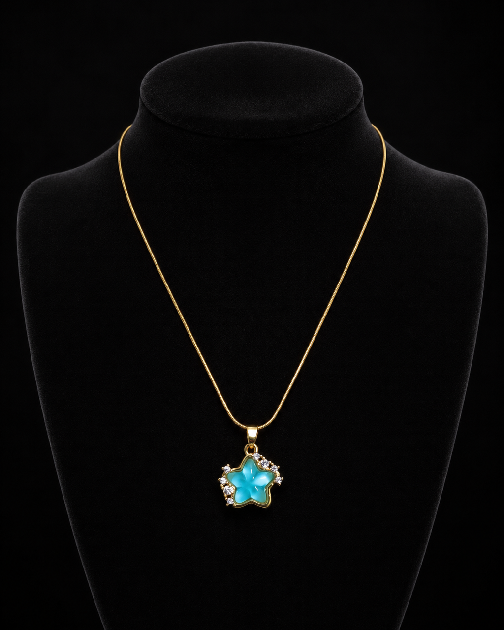 Gold-Plated Aqua Blue Star Pendant Necklace with Crystal Accents