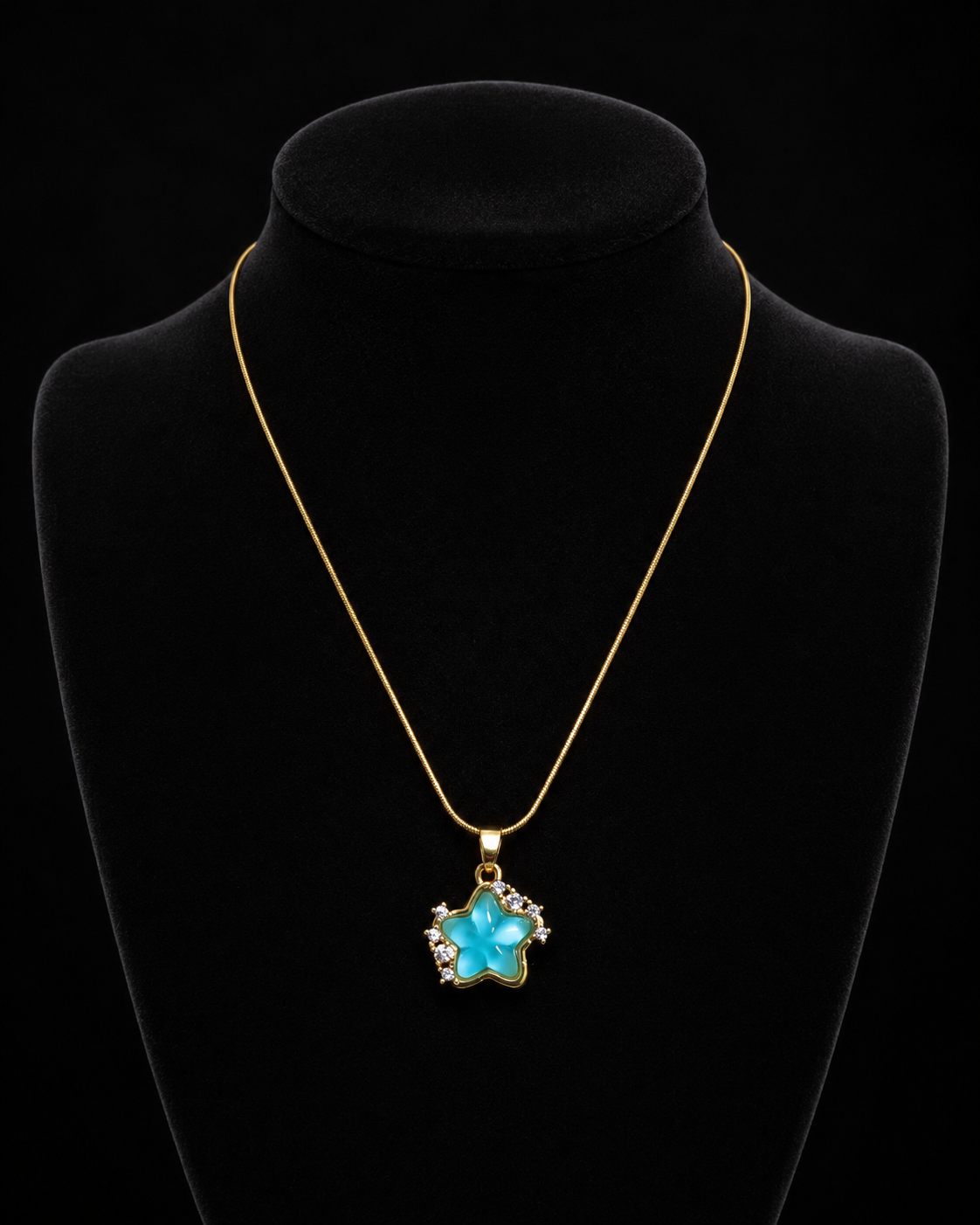 Gold-Plated Aqua Blue Star Pendant Necklace with Crystal Accents
