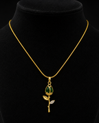 Gold-Plated Green Rosebud Pendant Necklace with Crystal Leaf