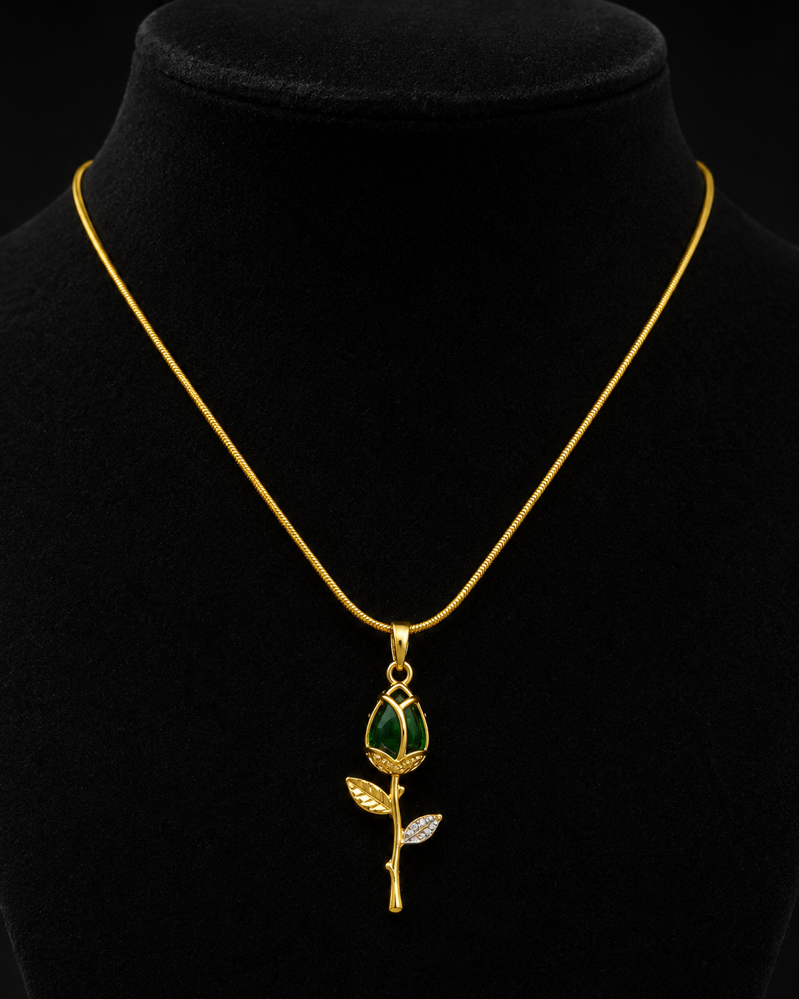 Gold-Plated Green Rosebud Pendant Necklace with Crystal Leaf