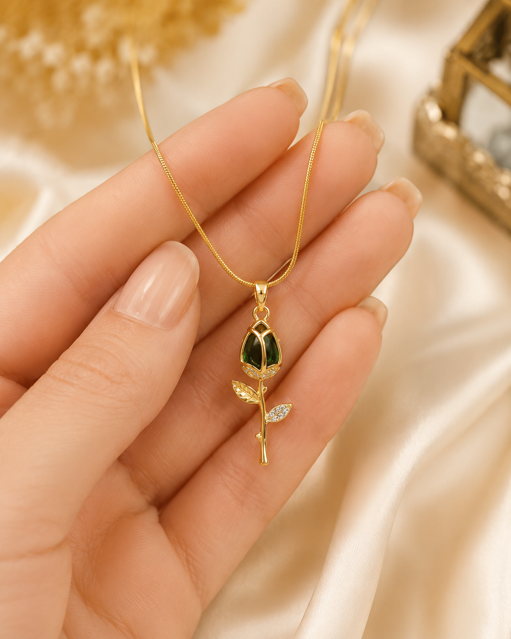 Gold-Plated Green Rosebud Pendant Necklace with Crystal Leaf