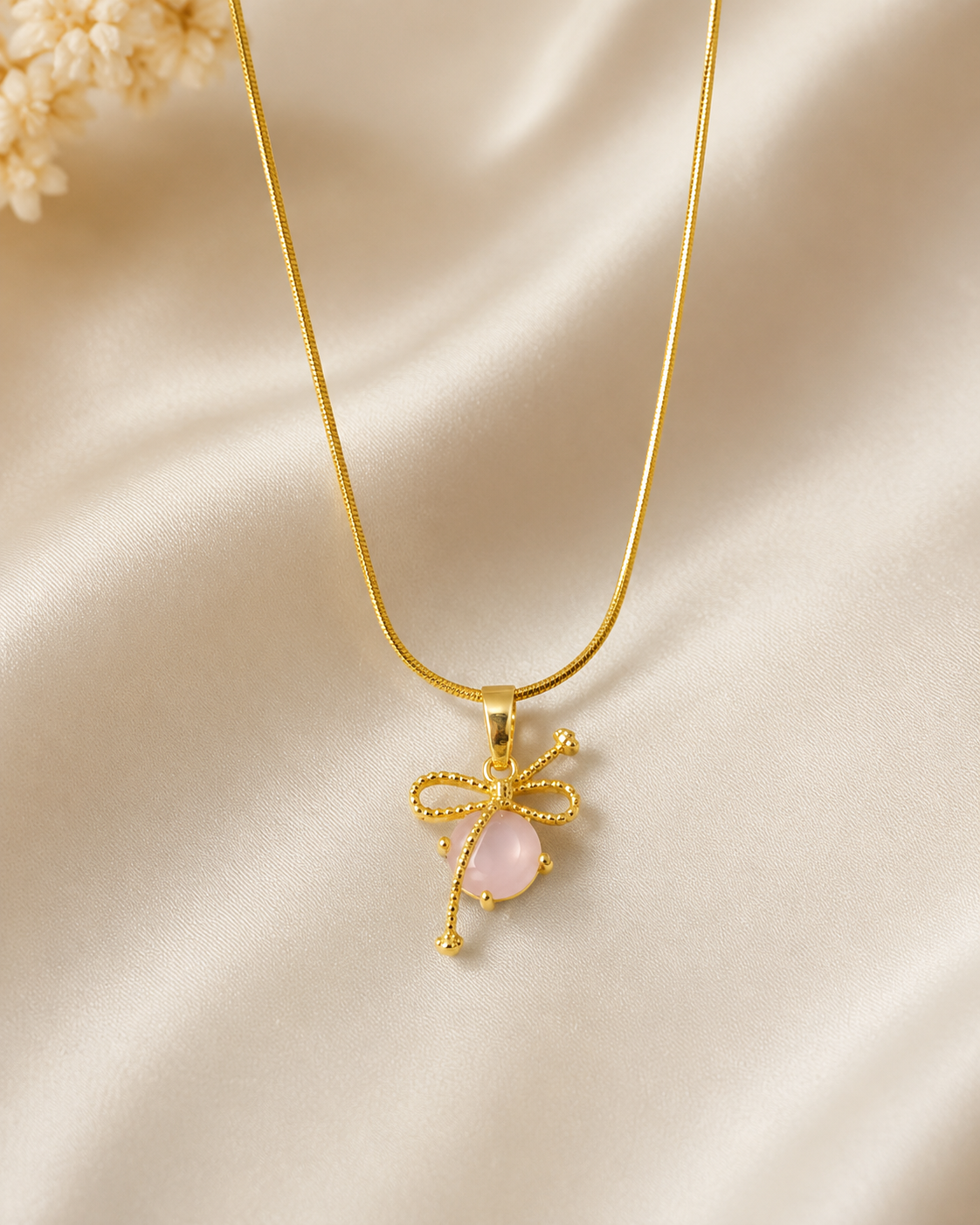 Gold-Plated Pink Stone Bow Charm Pendant Necklace