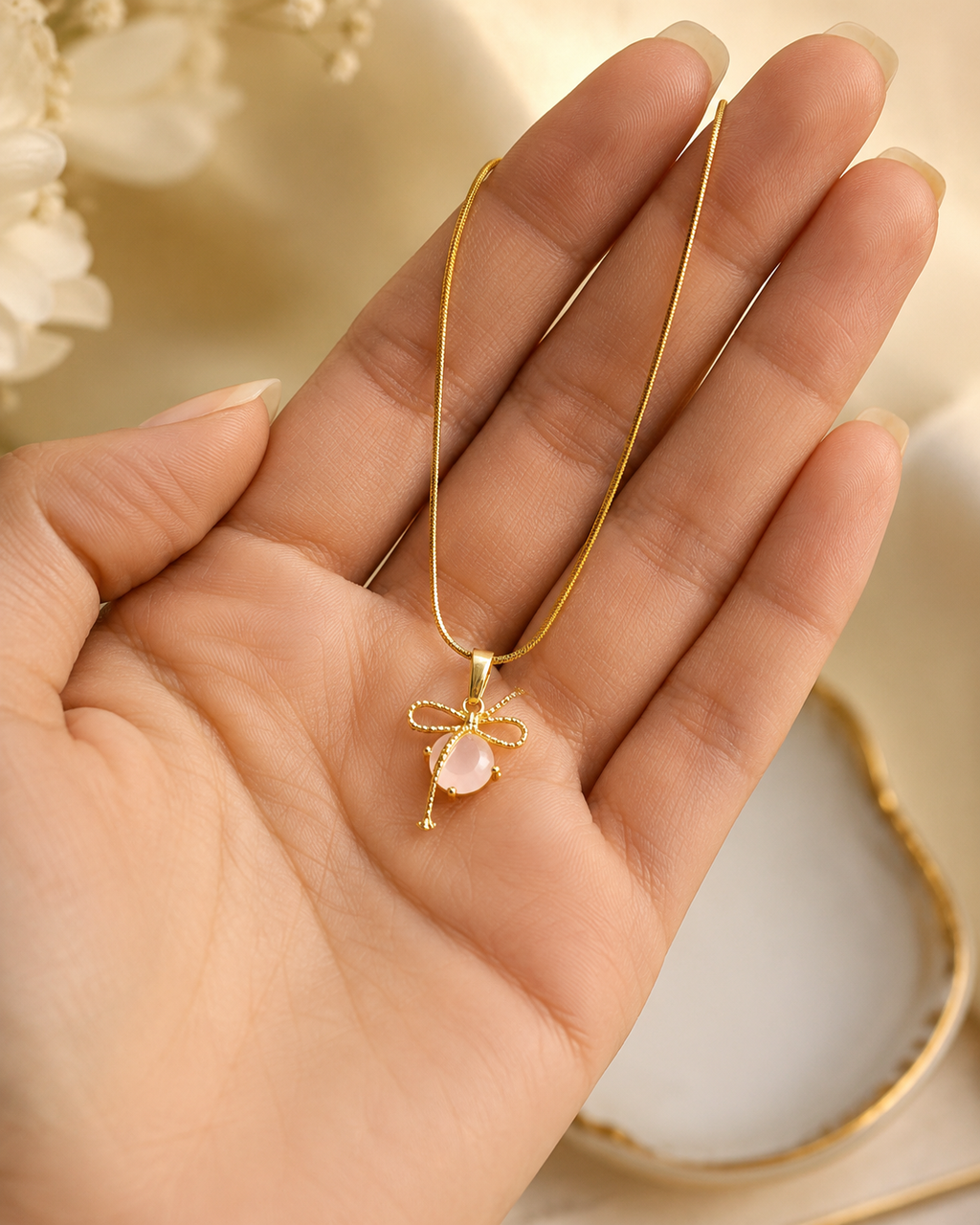 Gold-Plated Pink Stone Bow Charm Pendant Necklace