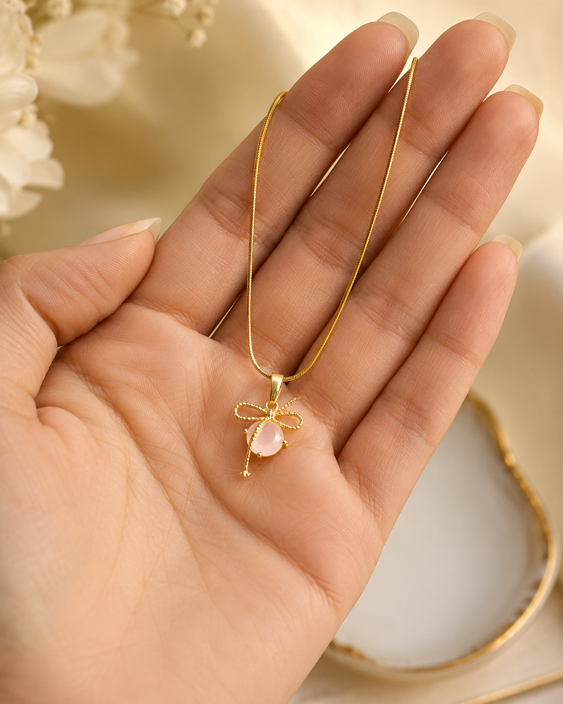 Gold-Plated Pink Stone Bow Charm Pendant Necklace
