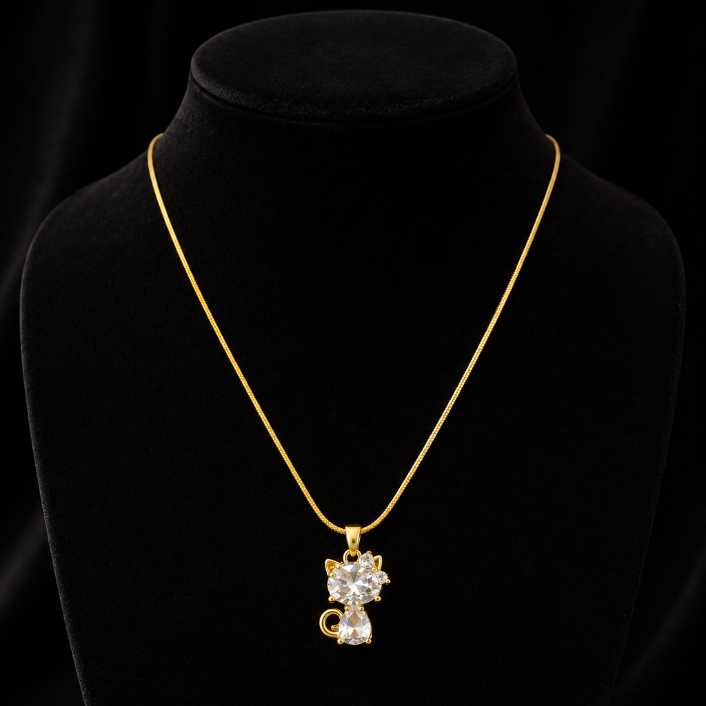 Gold-Plated White Crystal Cat Pendant Necklace