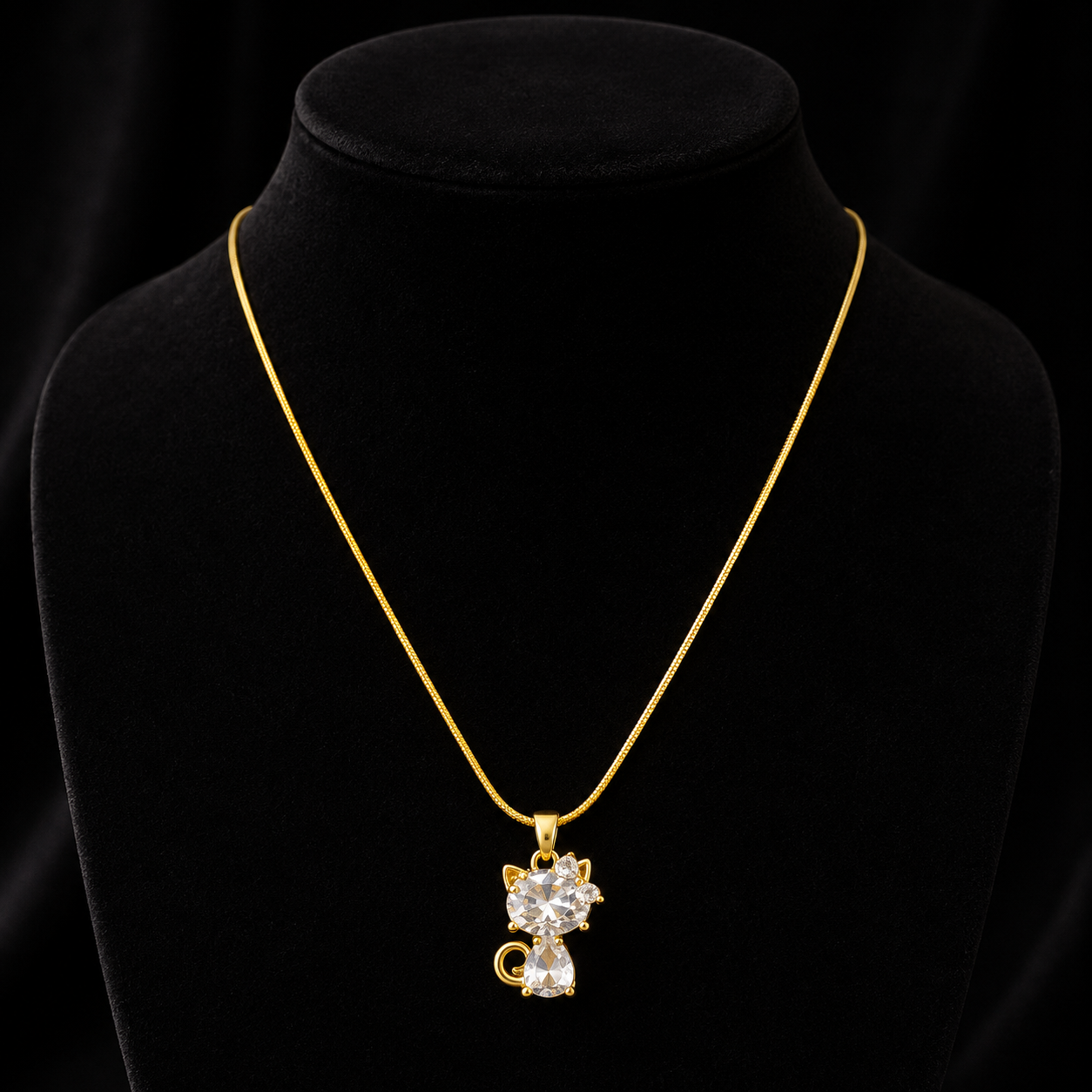 Gold-Plated White Crystal Cat Pendant Necklace