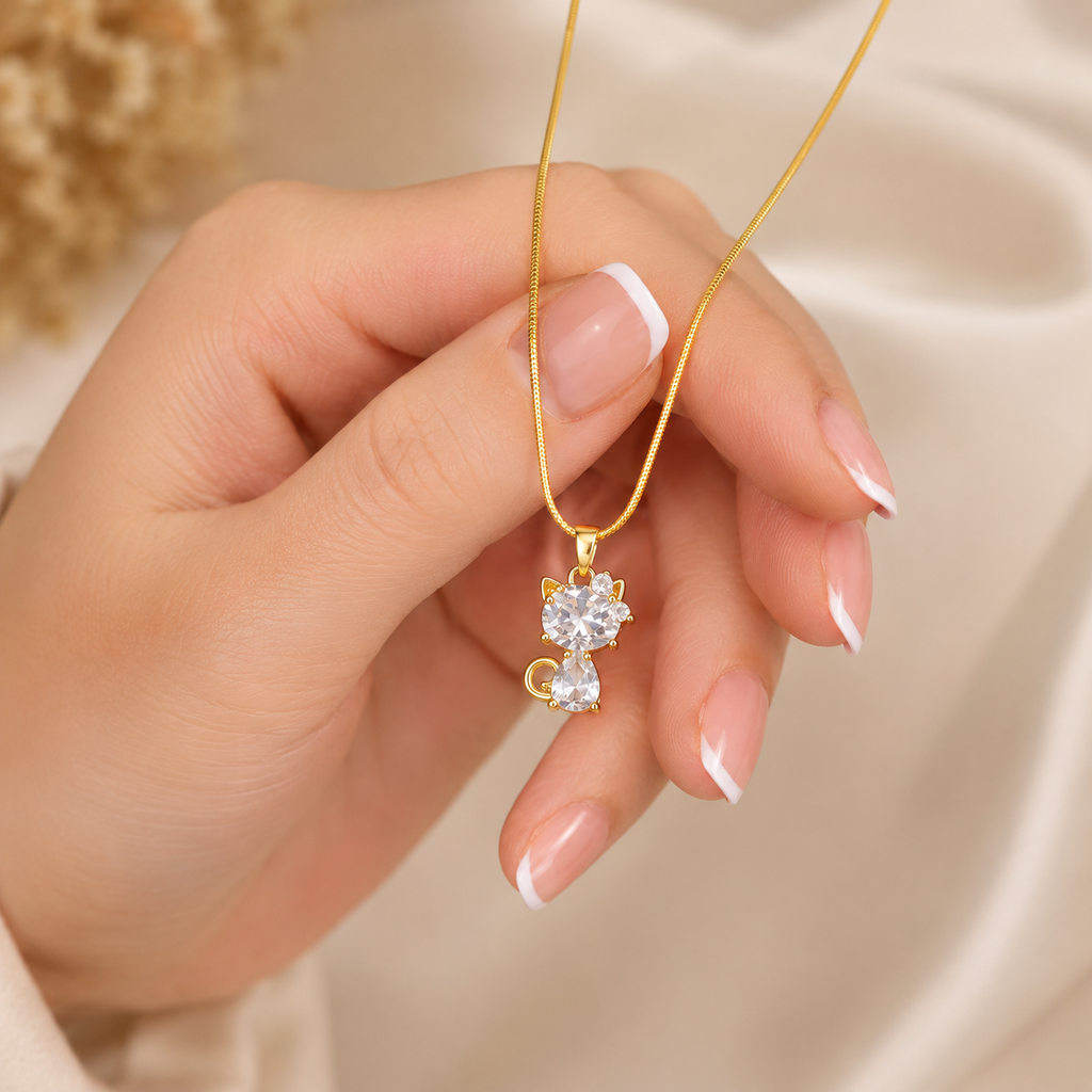 Gold-Plated White Crystal Cat Pendant Necklace