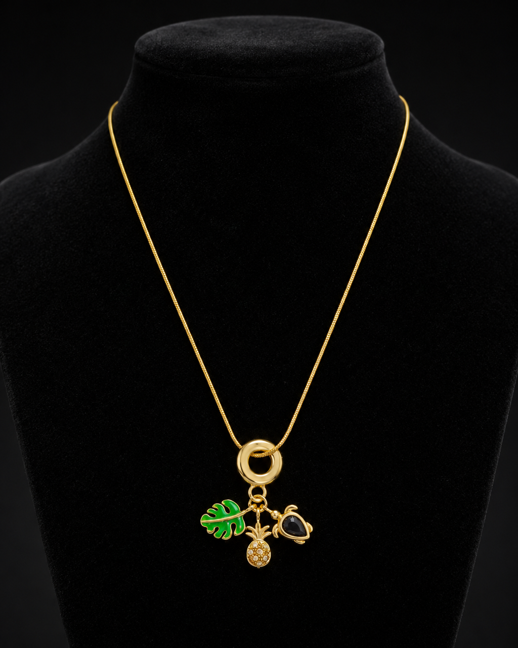 Gold-Plated Tropical Leaf, Pineapple and Black Stone Charm Necklace