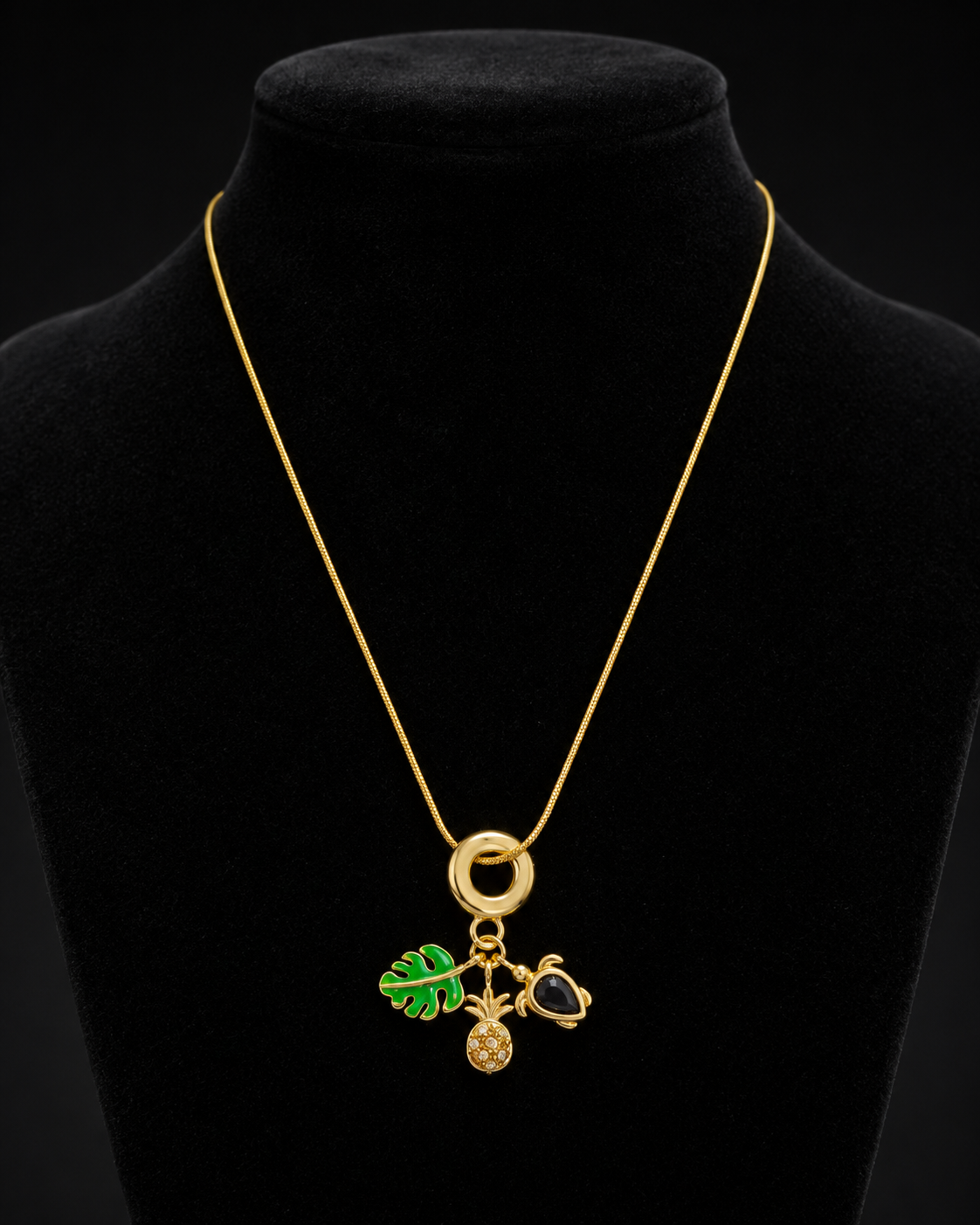 Gold-Plated Tropical Leaf, Pineapple and Black Stone Charm Necklace