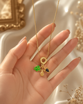 Gold-Plated Tropical Leaf, Pineapple and Black Stone Charm Necklace