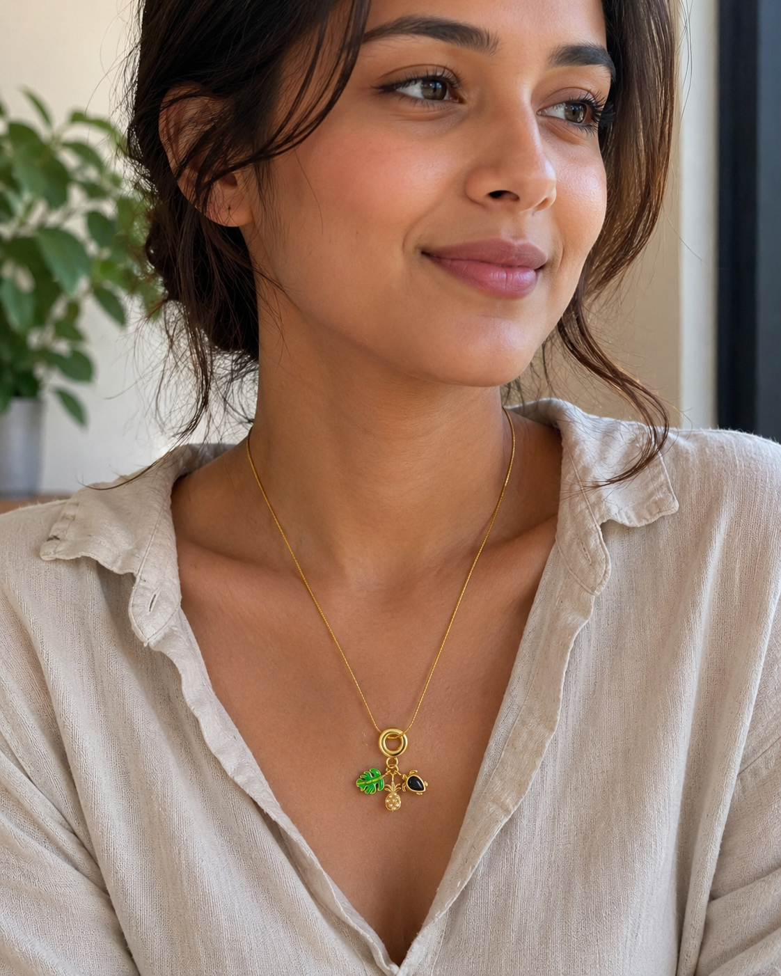 Gold-Plated Tropical Leaf, Pineapple and Black Stone Charm Necklace