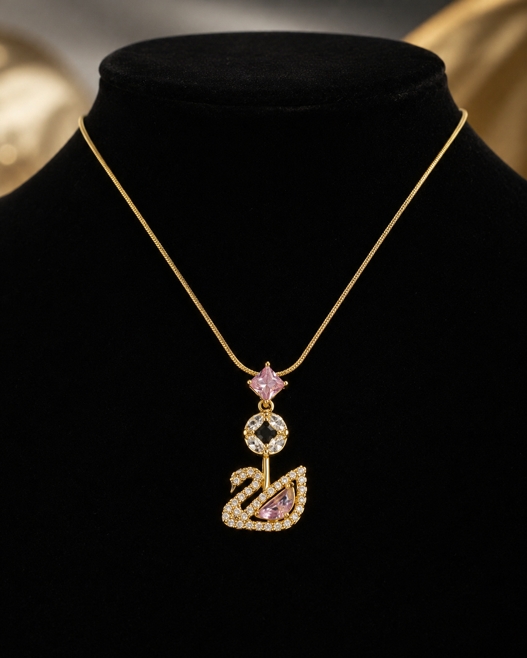 Gold-Plated Pink Crystal Swan Pendant Necklace