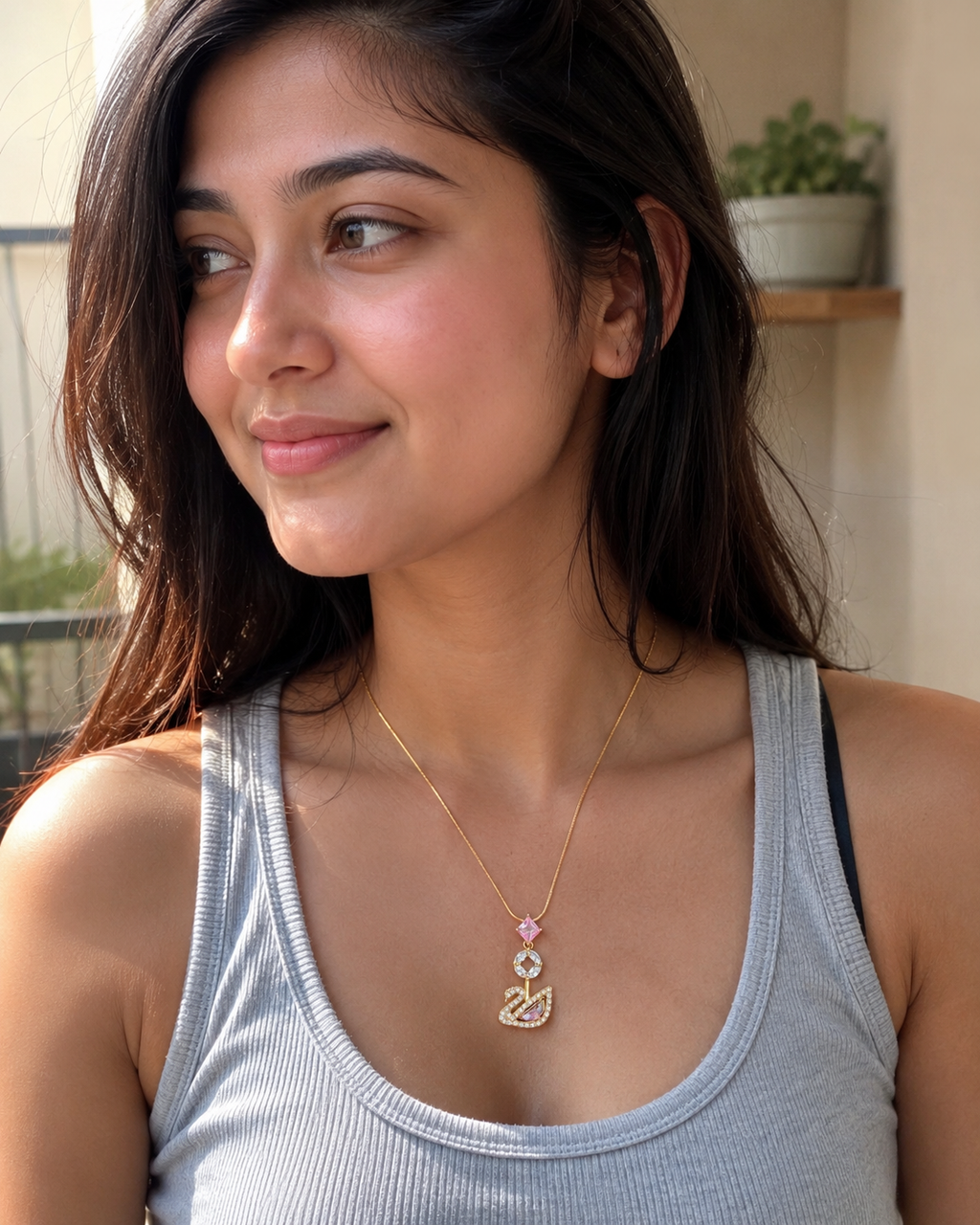 Gold-Plated Pink Crystal Swan Pendant Necklace