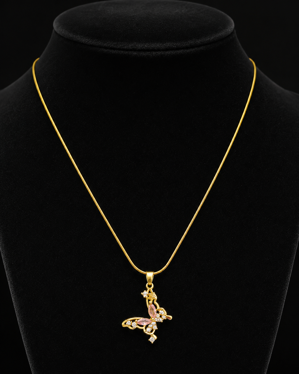 Gold-Plated Pink Crystal Butterfly Pendant Necklace
