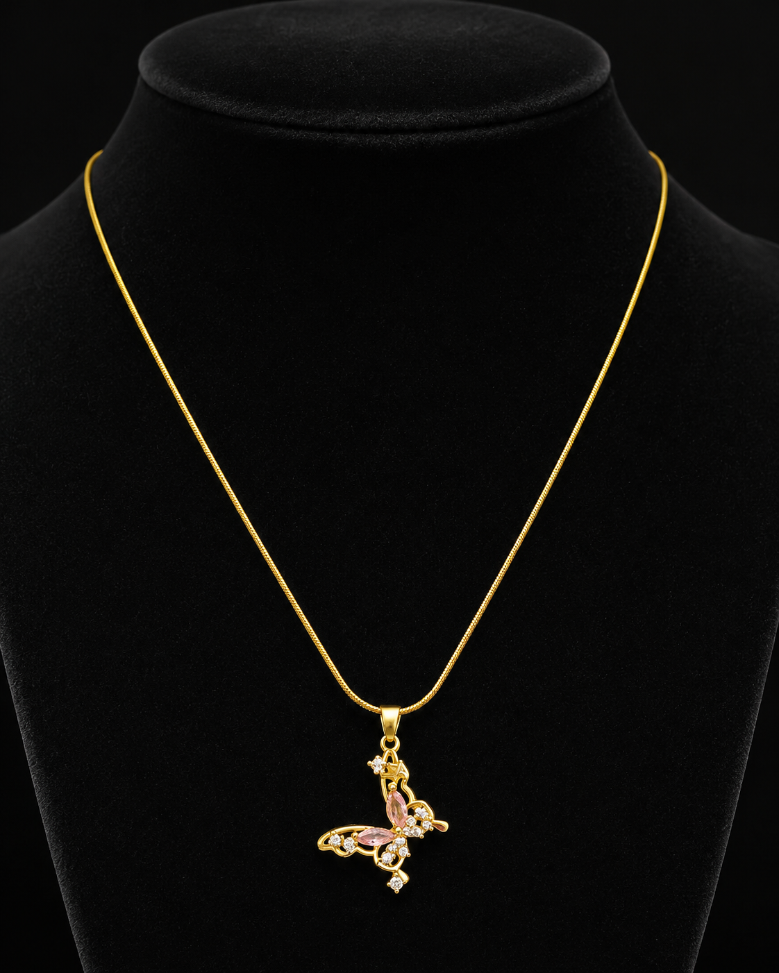 Gold-Plated Pink Crystal Butterfly Pendant Necklace