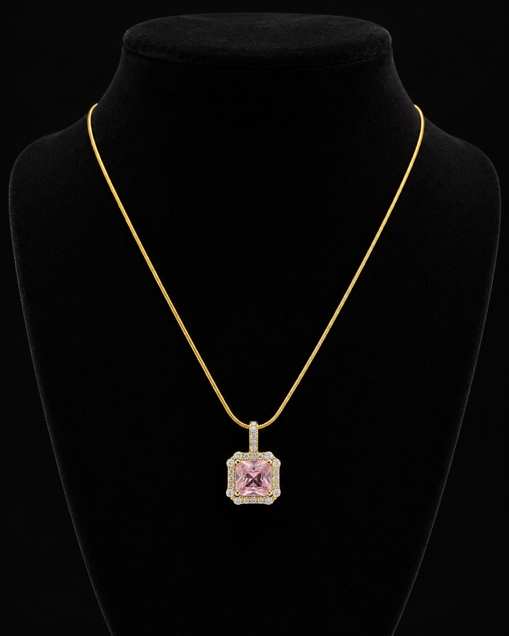Gold-Plated Square Pink Crystal Halo Pendant Necklace