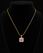 Gold-Plated Square Pink Crystal Halo Pendant Necklace
