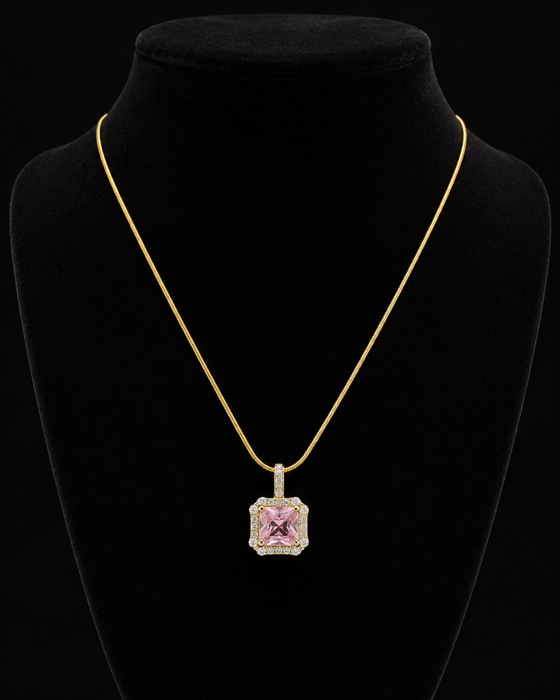 Gold-Plated Square Pink Crystal Halo Pendant Necklace
