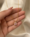Gold-Plated Square Pink Crystal Halo Pendant Necklace