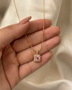 Gold-Plated Square Pink Crystal Halo Pendant Necklace