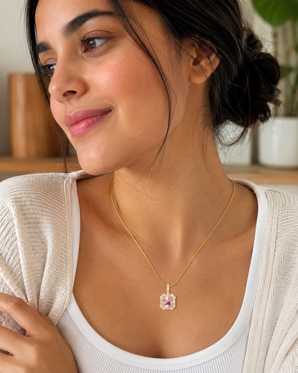 Gold-Plated Square Pink Crystal Halo Pendant Necklace