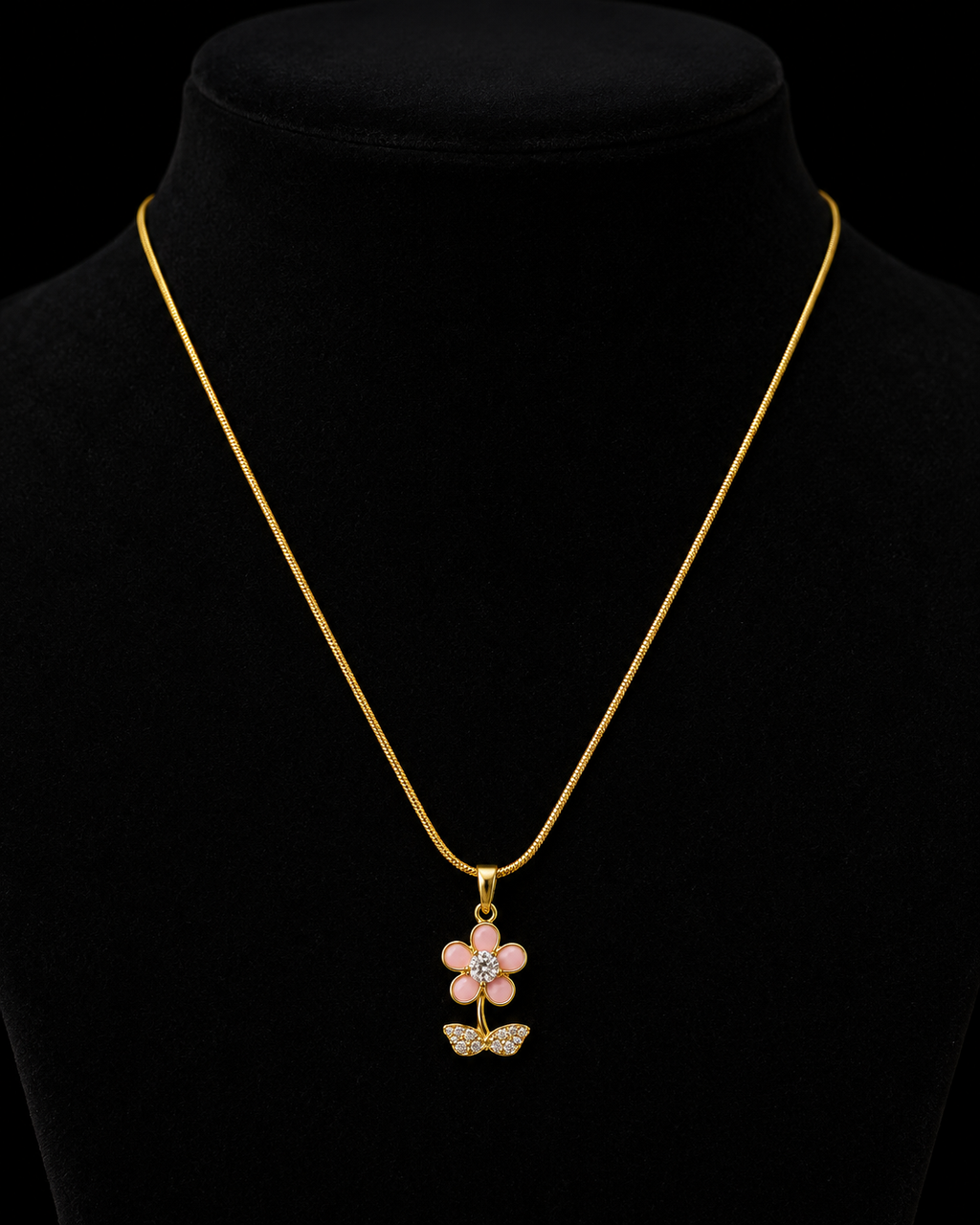 Gold-Plated Pink Enamel Flower Pendant Necklace with Crystal Leaves