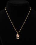 Gold-Plated Pink Enamel Flower Pendant Necklace with Crystal Leaves