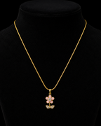 Gold-Plated Pink Enamel Flower Pendant Necklace with Crystal Leaves