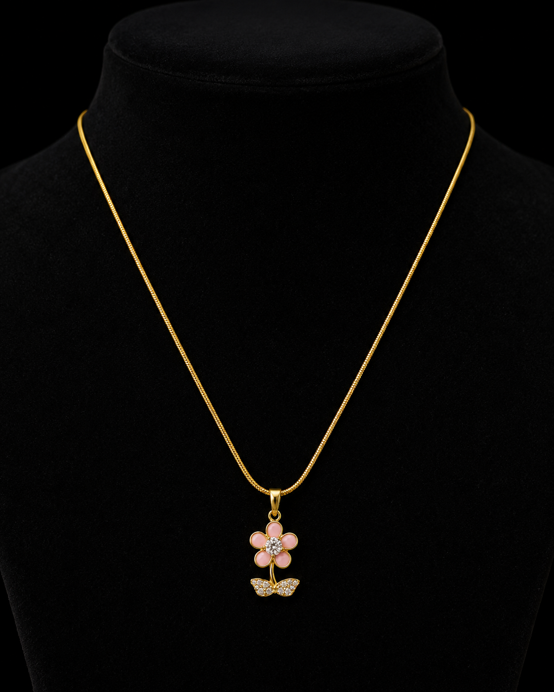 Gold-Plated Pink Enamel Flower Pendant Necklace with Crystal Leaves