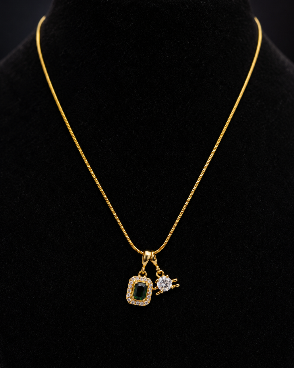 Gold-Plated Green and White Dual Crystal Charm Pendant Necklace
