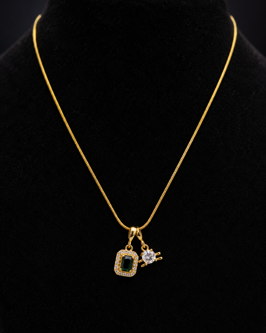 Gold-Plated Green and White Dual Crystal Charm Pendant Necklace