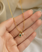 Gold-Plated Green and White Dual Crystal Charm Pendant Necklace