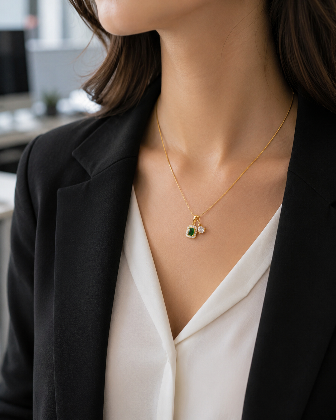 Gold-Plated Green and White Dual Crystal Charm Pendant Necklace