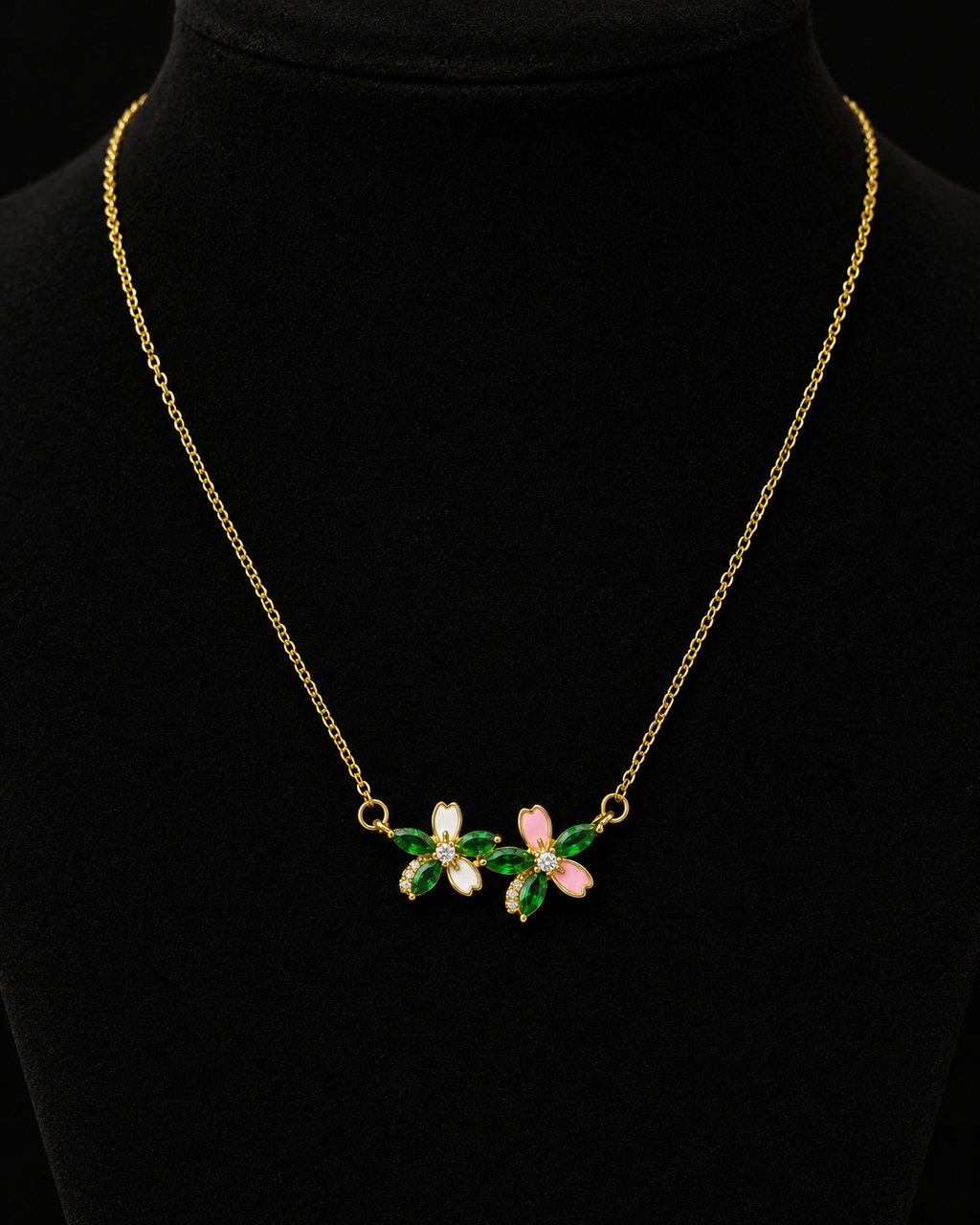 Gold-Plated Green Crystal Double Floral Enamel Necklace