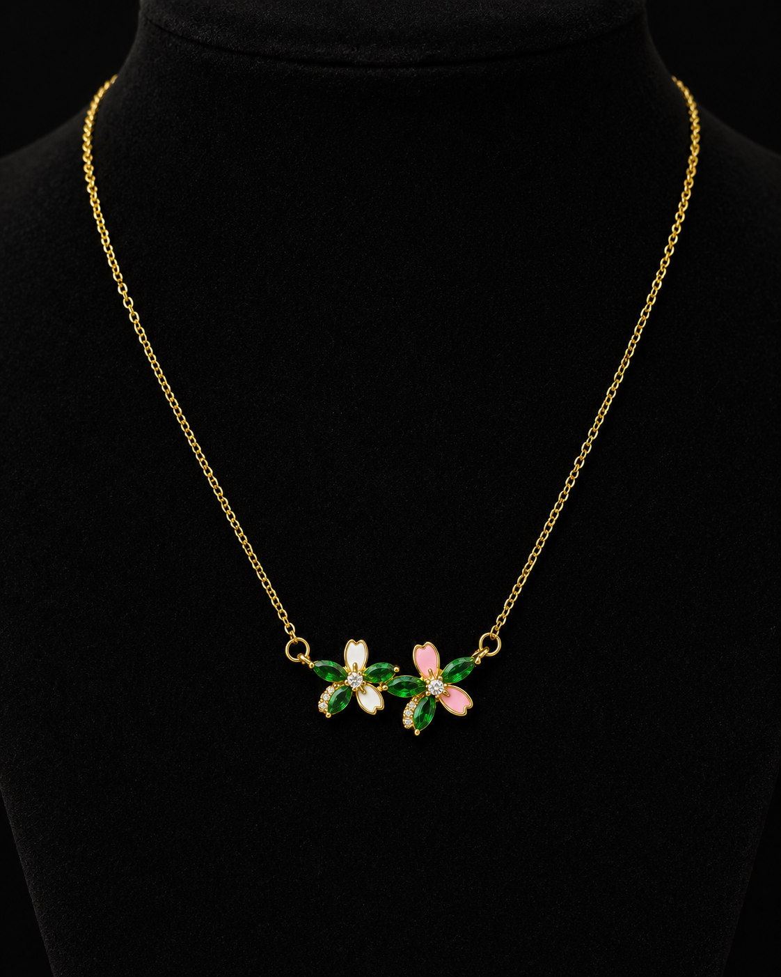 Gold-Plated Green Crystal Double Floral Enamel Necklace