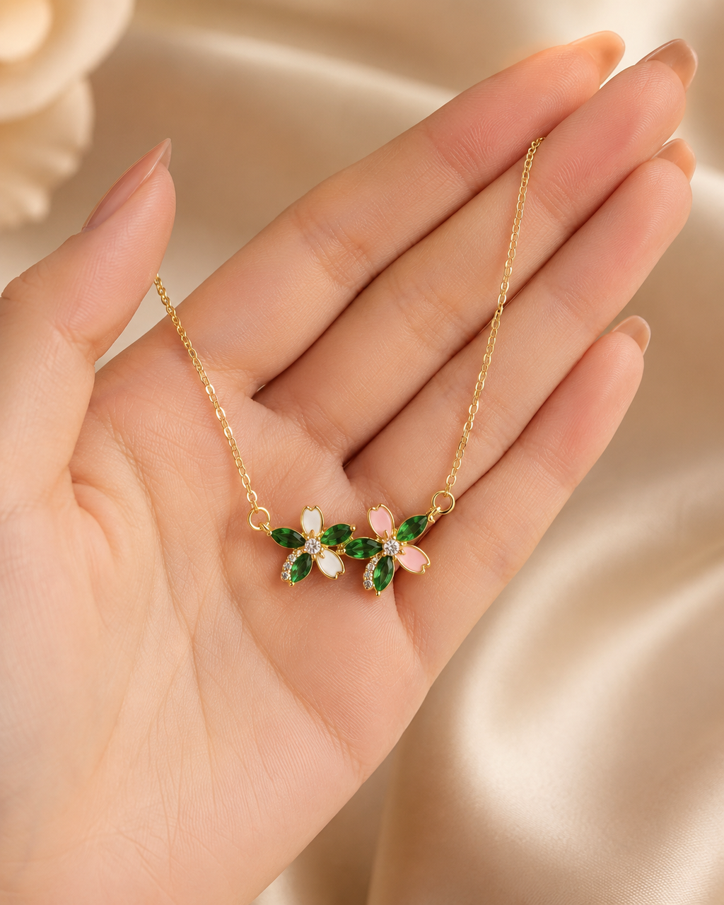 Gold-Plated Green Crystal Double Floral Enamel Necklace