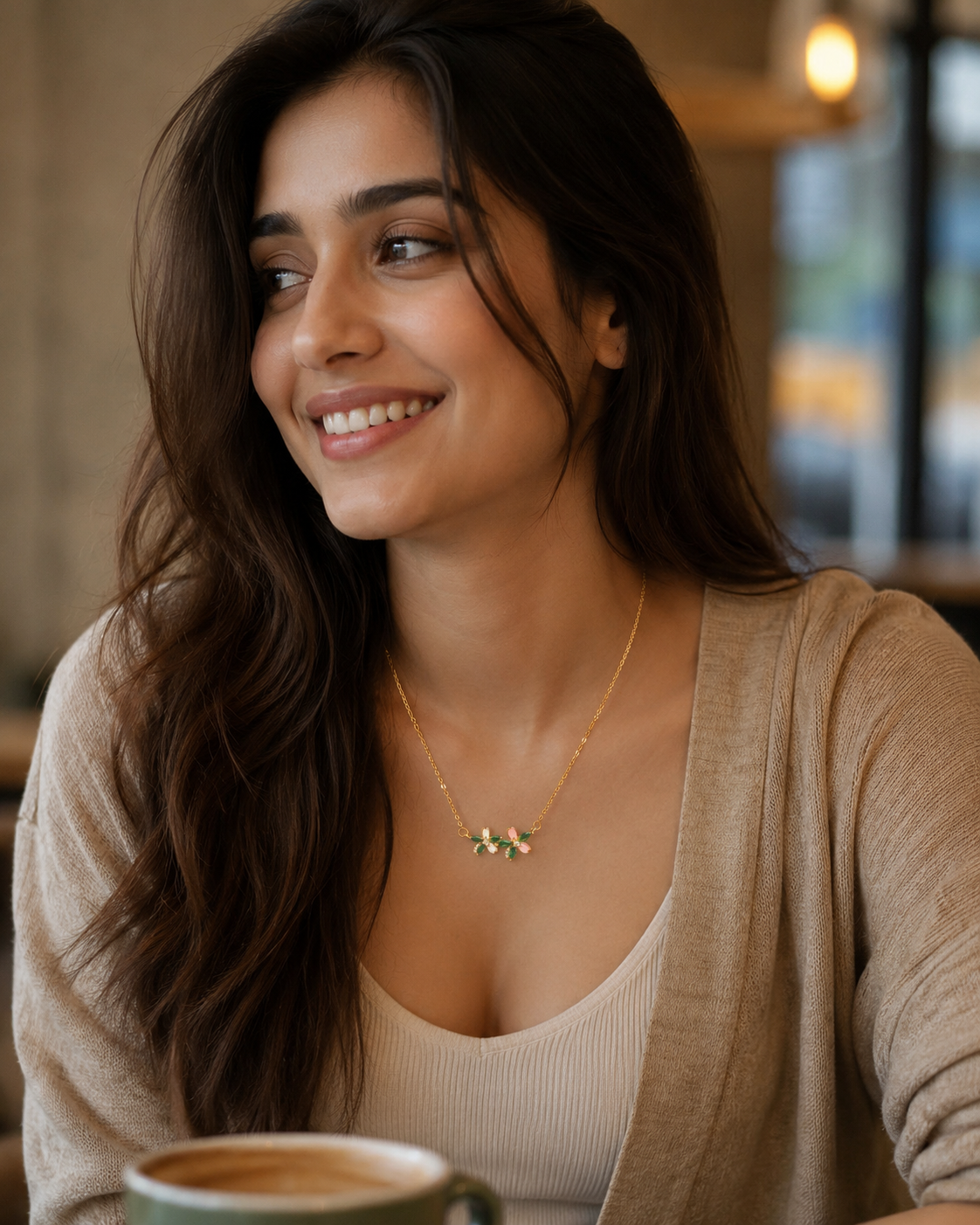 Gold-Plated Green Crystal Double Floral Enamel Necklace