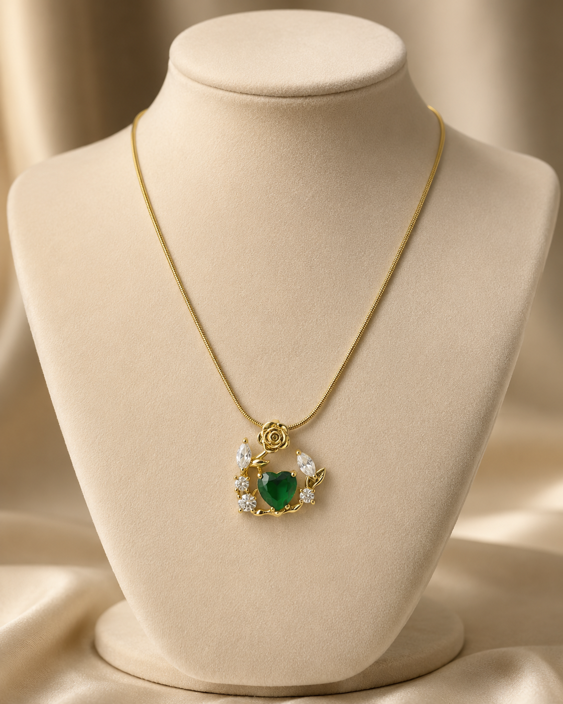 Gold-Plated Green Heart Crystal Rose Wreath Pendant Necklace