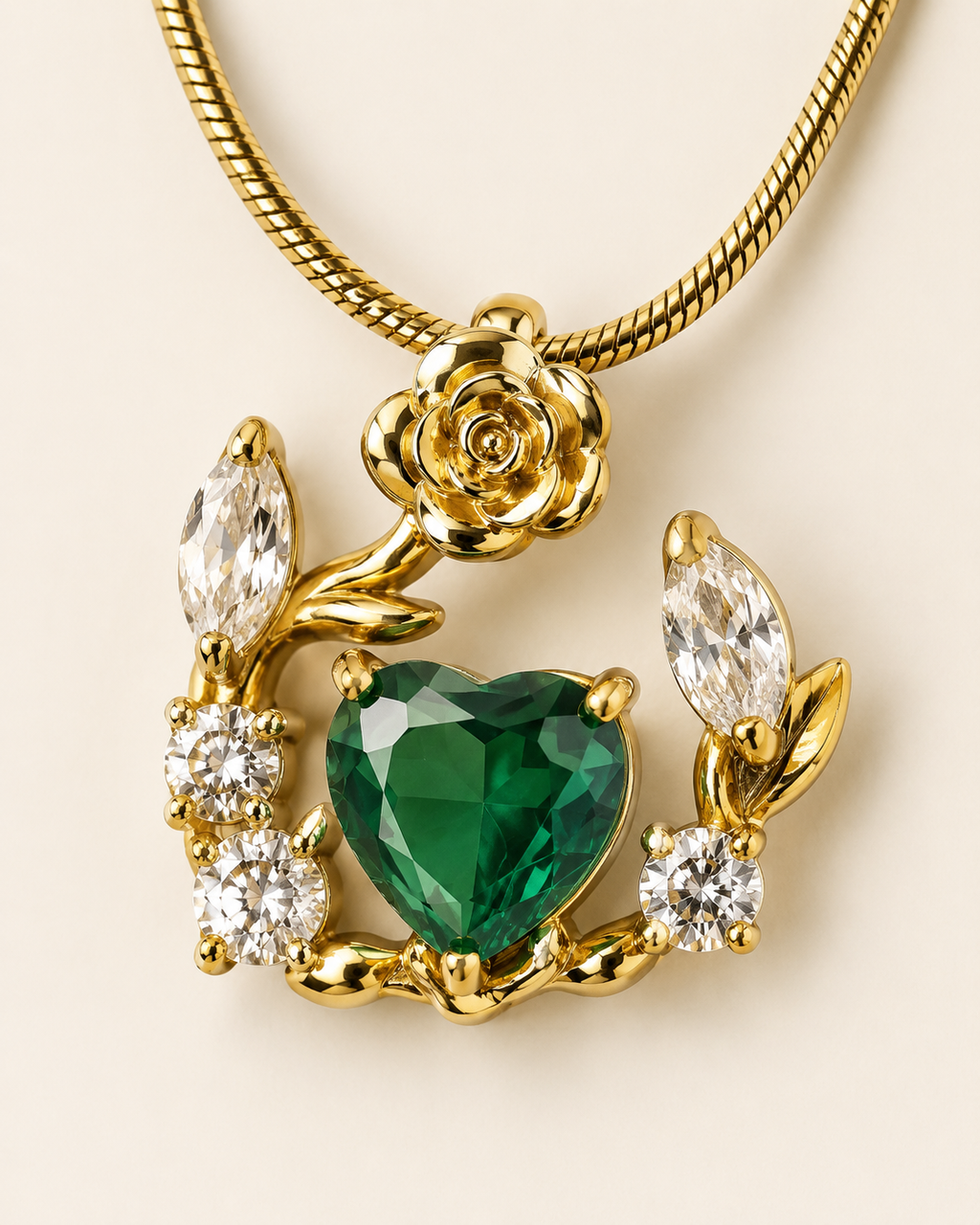 Gold-Plated Green Heart Crystal Rose Wreath Pendant Necklace