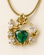 Gold-Plated Green Heart Crystal Rose Wreath Pendant Necklace