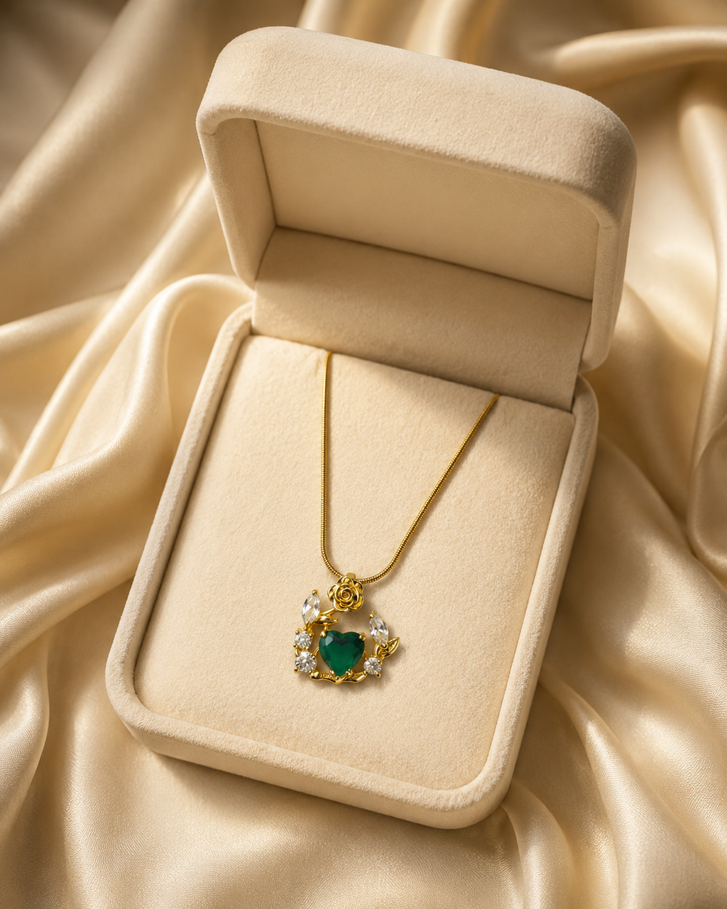 Gold-Plated Green Heart Crystal Rose Wreath Pendant Necklace